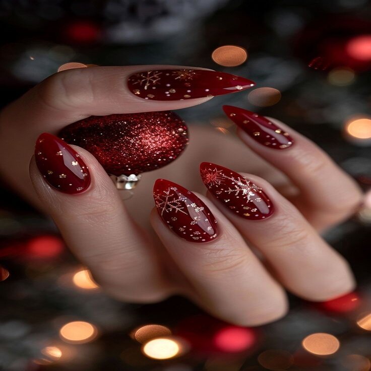 golden snowflakes red gel nails