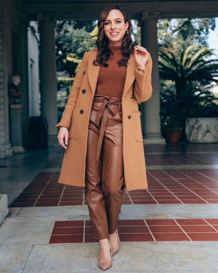 mocha mousse over coat and learther brown pants