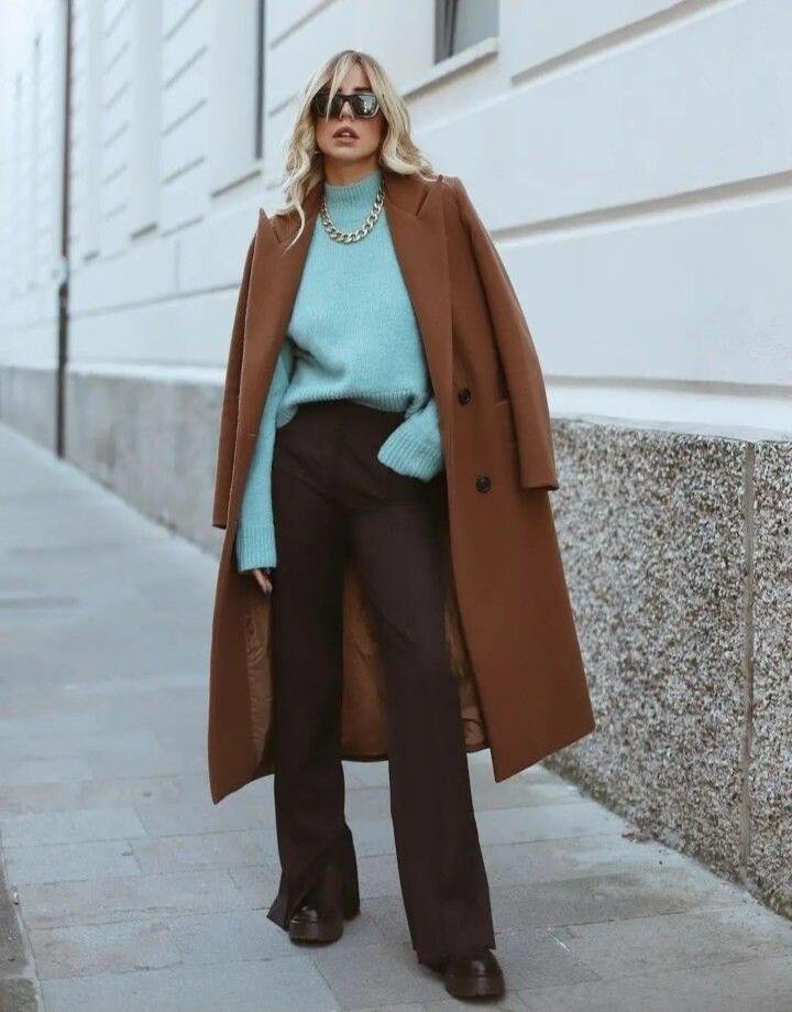 mocha mousse over coat, sky blue top n chocolate pants