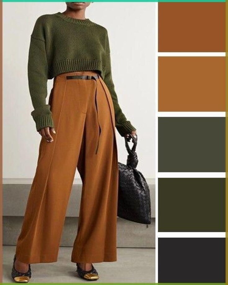 mocha mousse brown pants and green pullover