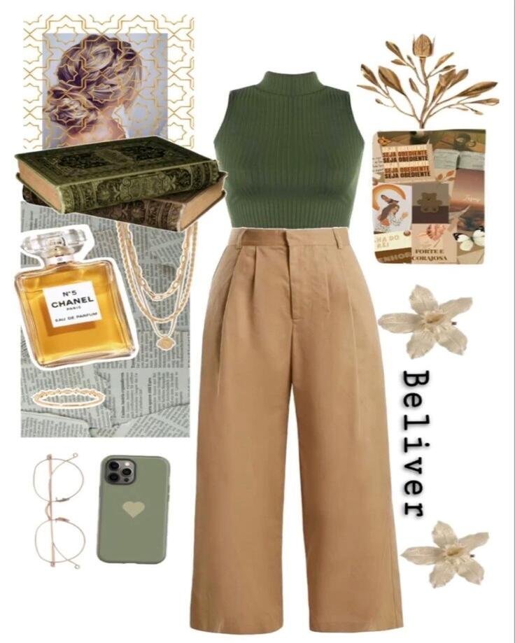 Mocha Mousse green top n khaki pants