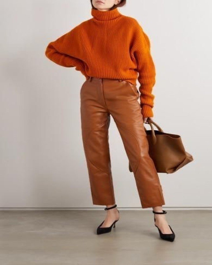 mocha mousse leather pants and brown top