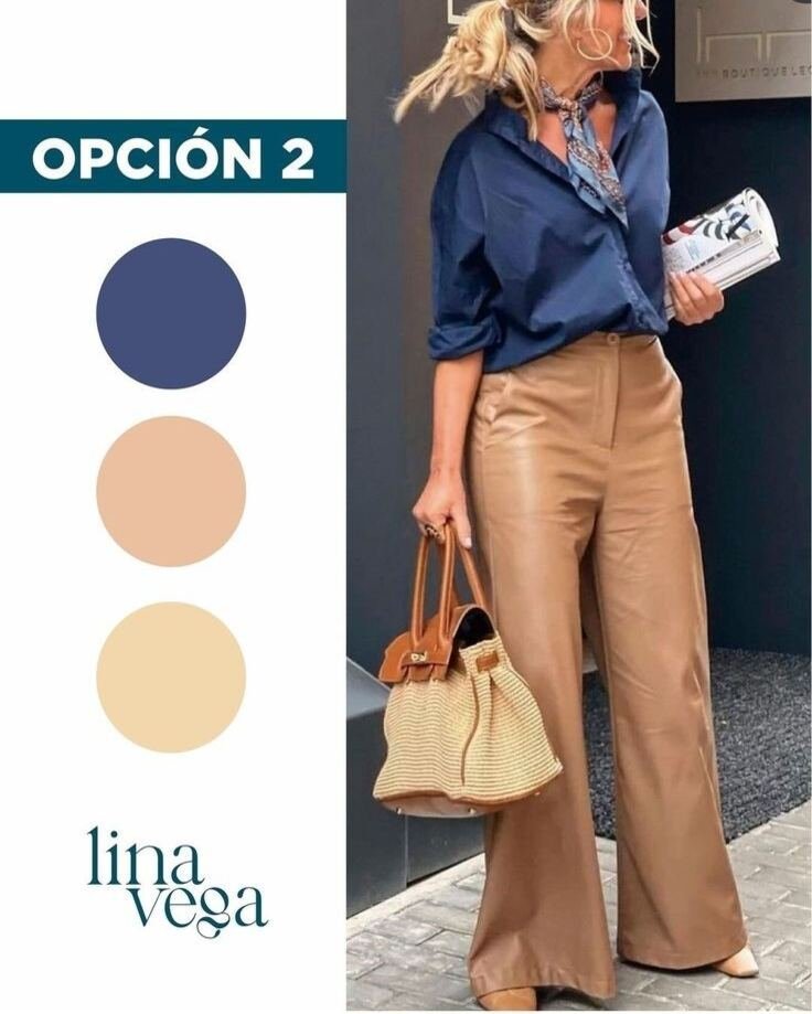 mocha mousse navy blue top n learther brown pants