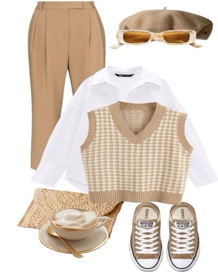 mocha mousse pants n white top