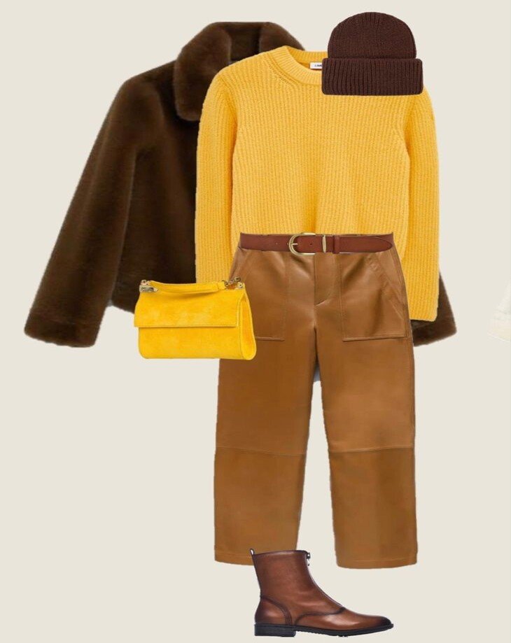 mocha mousse pants n yellow pullover