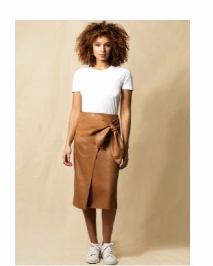 mocha mousse skirt with white top