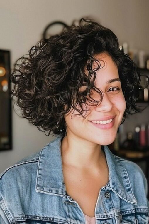 asymmetrical curly bob cut